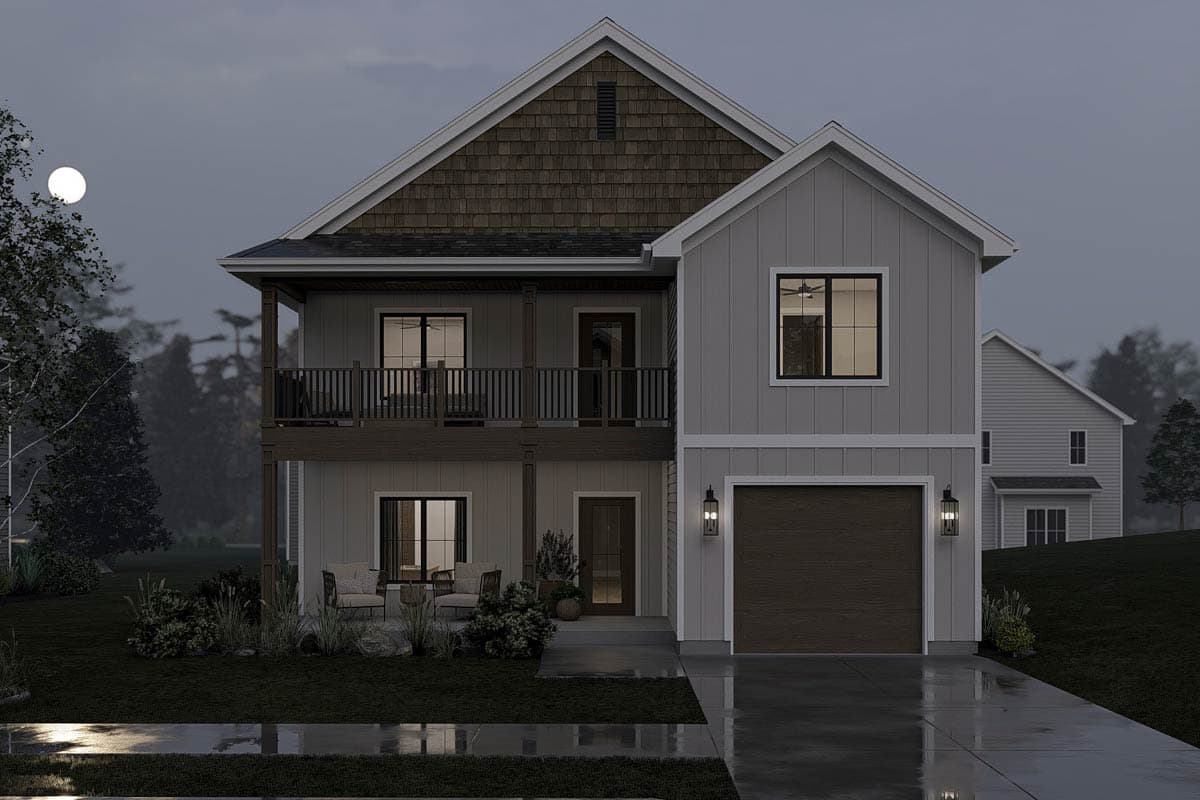 Two-story house plan exterior with gabled roof, shingle siding, upper balcony, lower patio, and front-facing garage.