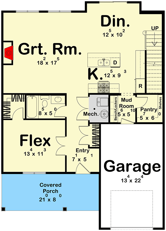 Plan 623561DJ: Two-Story Farmhouse House Plan with Loft, Flex Room, and Covered Deck - Floor Plan - Main Level - Country, Farmhouse, New American, Traditional