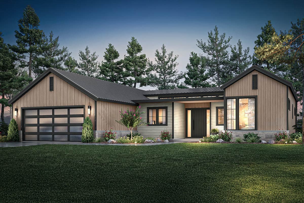 House plan exterior featuring a single-story design, a garage with glass panels, and a mixed gable and shed roofline with dark metal roofing.