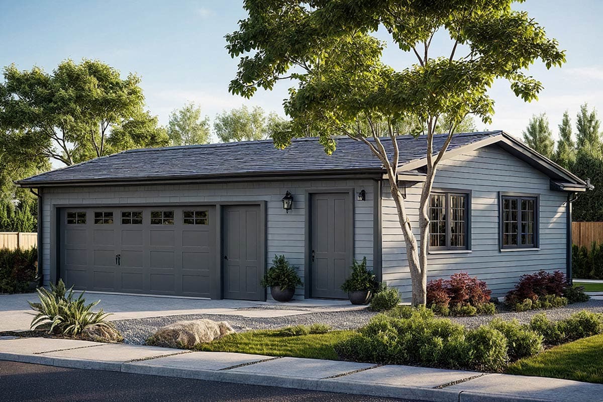 House plan exterior with horizontal siding, a gabled roof, and a two-car garage. Features include a side entry door and multi-paned windows.