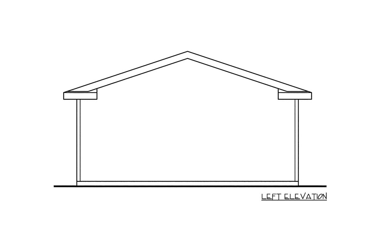 Left elevation drawing of a house plan showing a pitched roof, vertical walls, and foundation line.