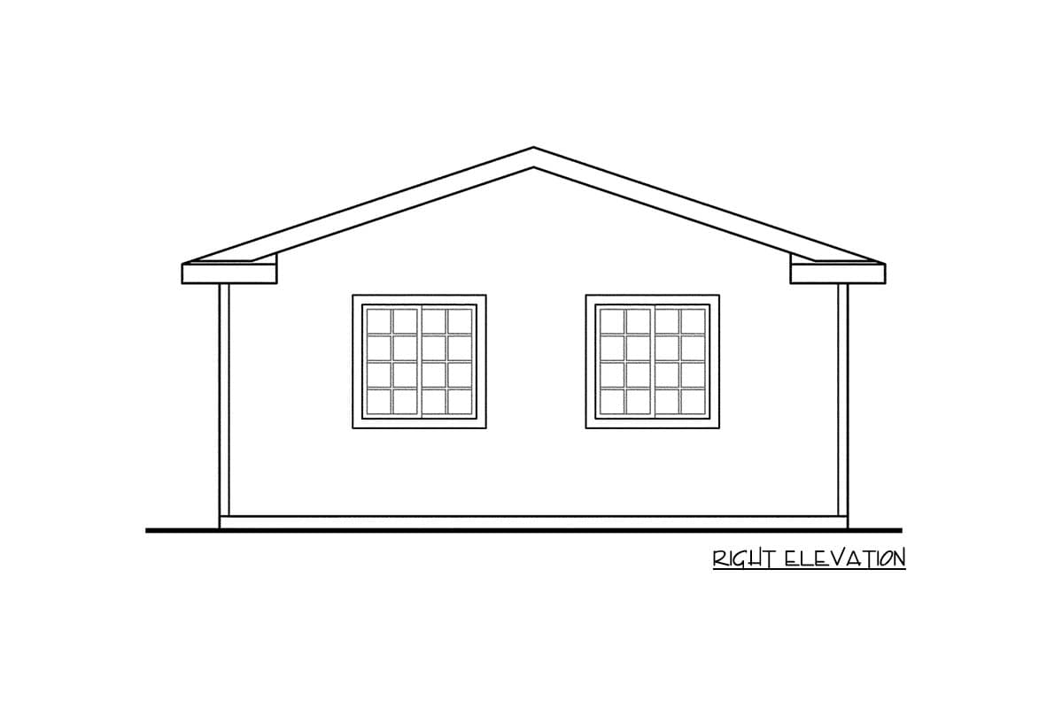 House plan right elevation drawing shows a gable roof, eaves, and two square windows with grilles.
