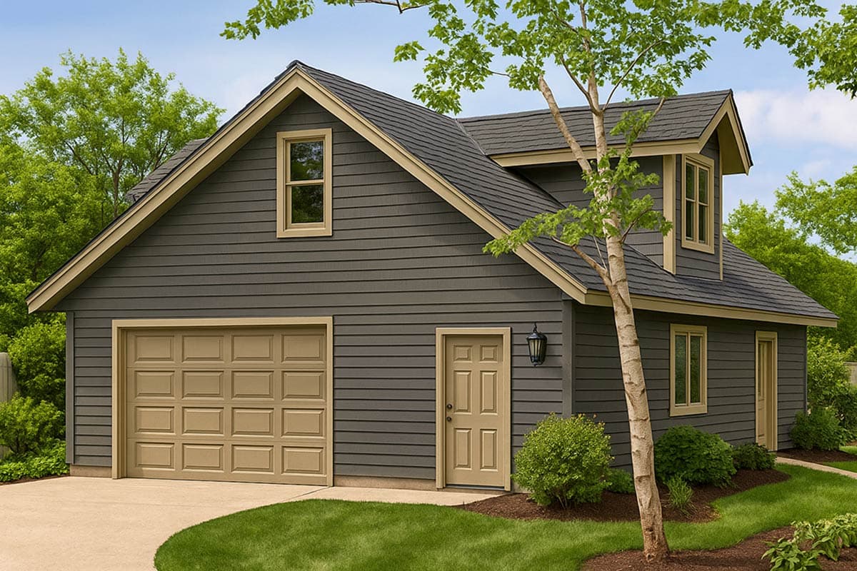 Exterior of a two-story detached garage with a tan garage door, a front door, and a dormer window on the second floor.