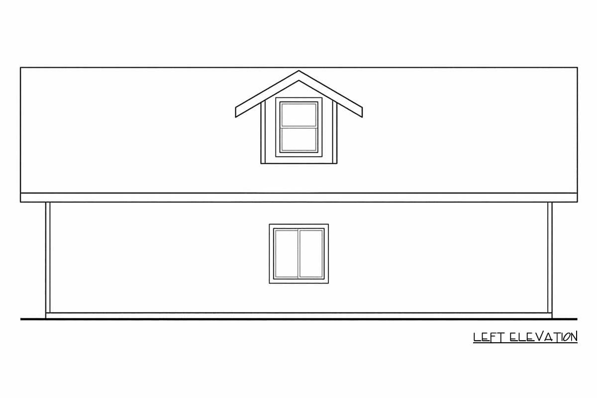 Architectural drawing of a detached garage left elevation. Shows a pitched roof, two windows, one dormer.