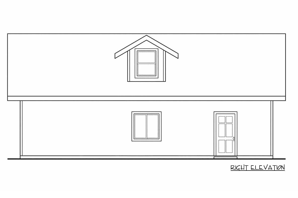 Architectural sketch of the right elevation of a small detached garage with a dormer, a window, and a door.