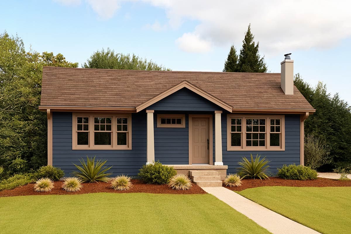 House plan exterior: One-story dwelling with prominent front gable, covered entry supported by columns, and multiple double-hung windows.
