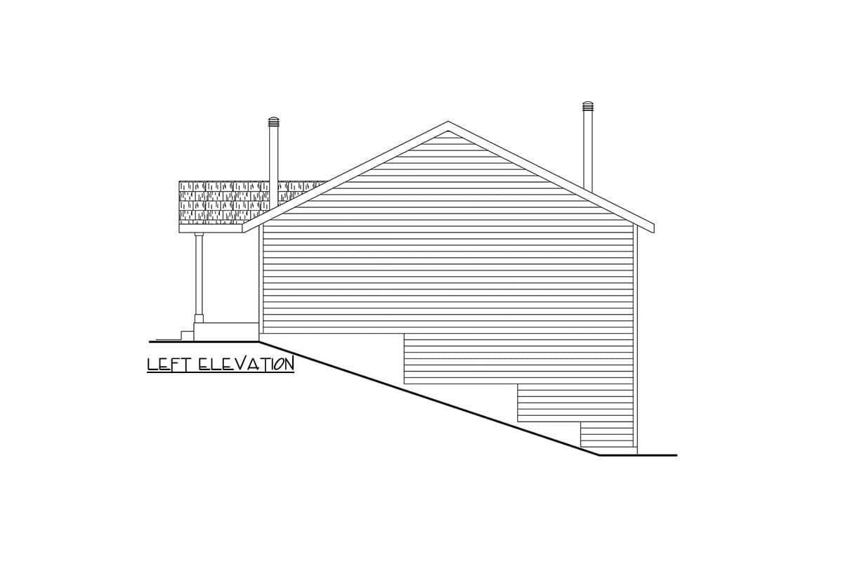 Left elevation drawing of a house plan showing a gabled roof, two chimneys, and a covered porch.