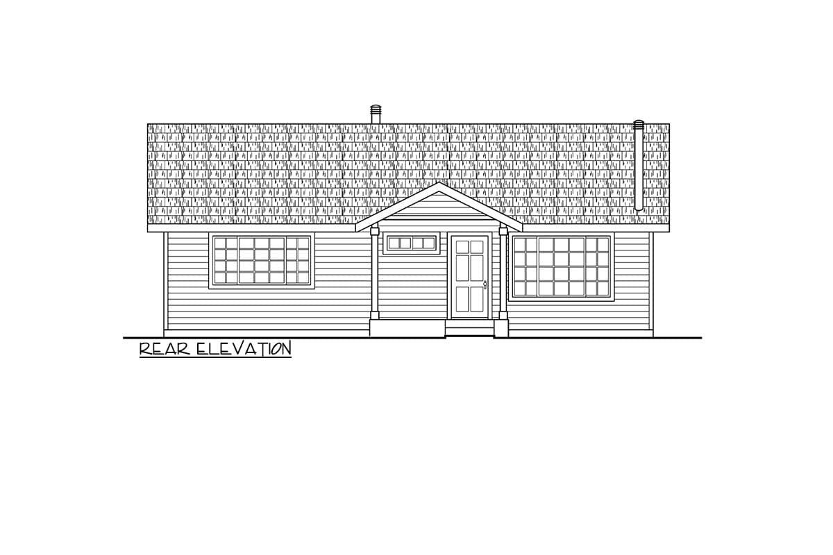 Rear elevation drawing of a single-story house with a central gable entry, two windows, and a pitched roof.