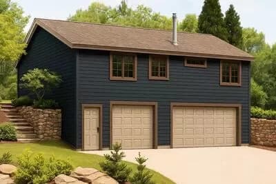 Traditional 2-Bed House Plan with 1200 Sq Ft Workshop Garage
