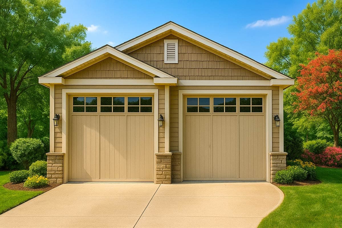 House plan exterior: Two-car garage with tan paneled doors, square windows, shingle siding, stone accents, and gabled roof.