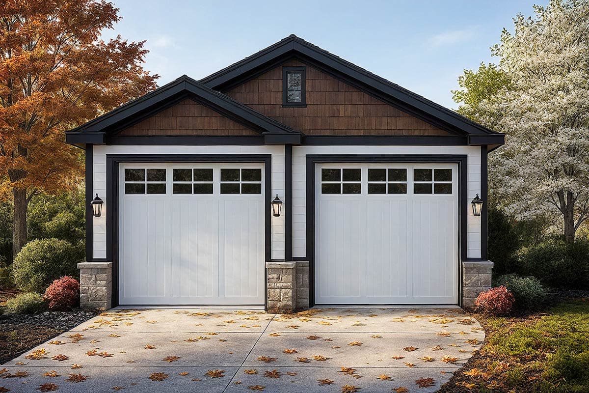 House plan exterior featuring a two-car garage with white paneled doors, square windows, cedar shake gables, and stone column accents.