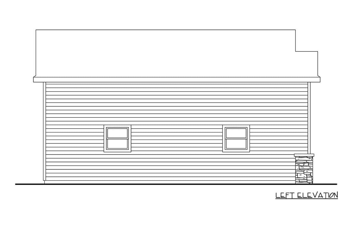 Left elevation house plan drawing shows horizontal siding, two windows, and a stone-clad foundation detail.