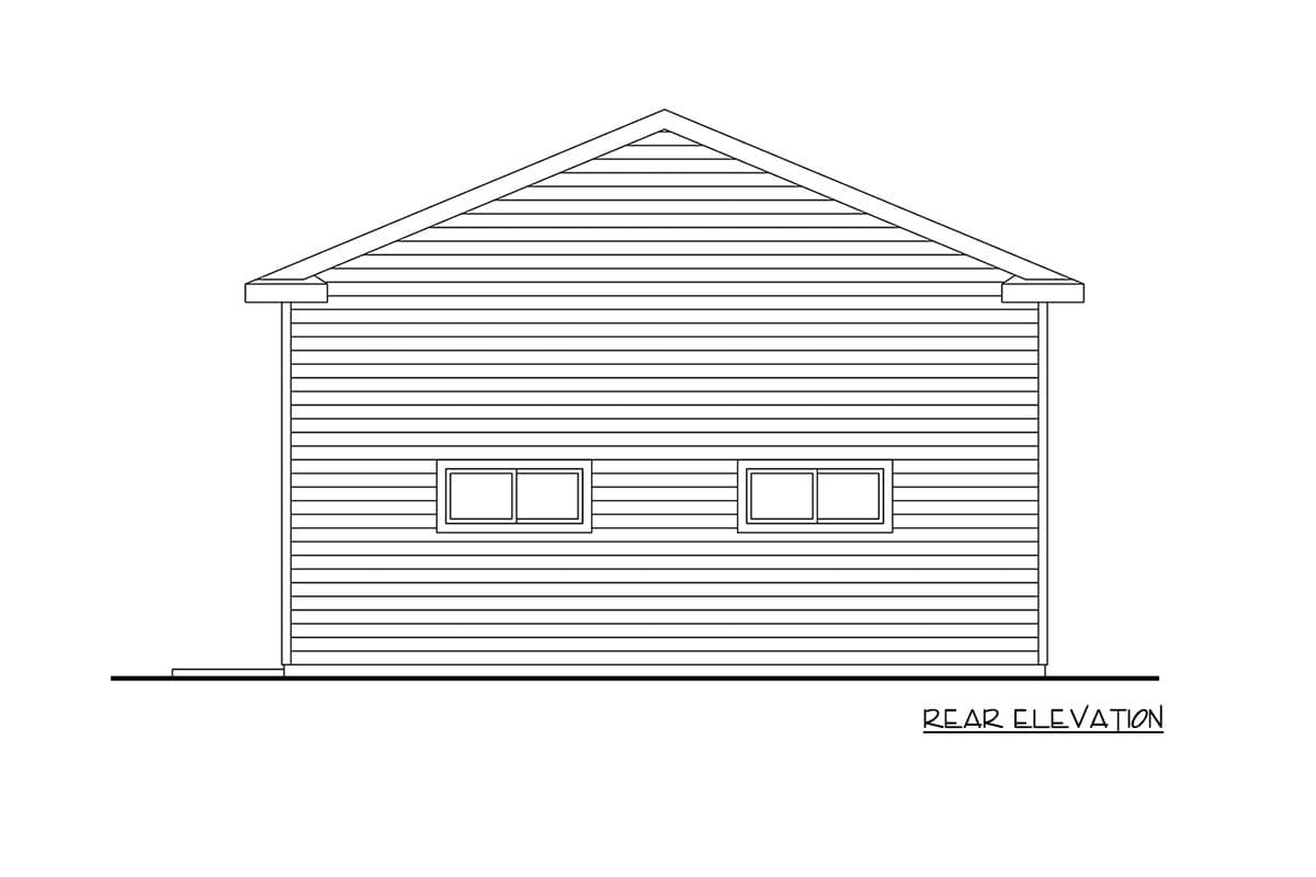 Rear elevation drawing of a house plan, featuring horizontal siding and two rectangular windows.
