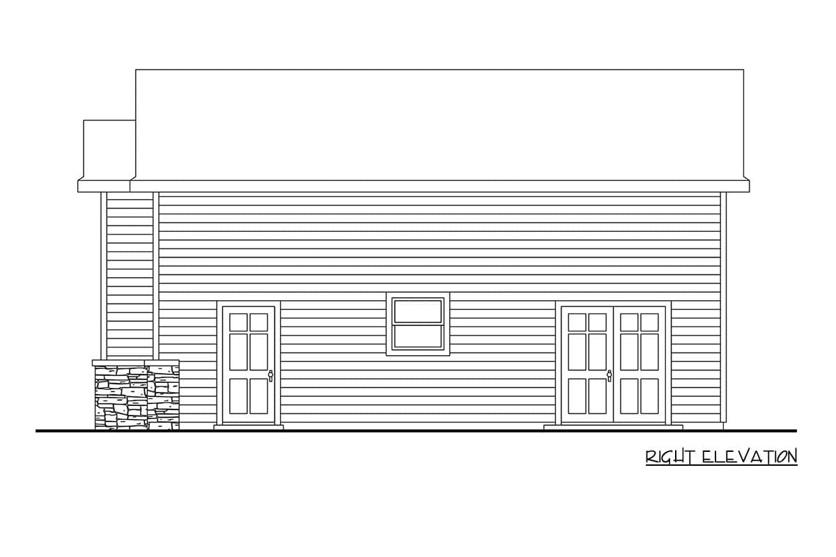 Right elevation house plan with horizontal siding, two paneled doors, a central window, and stone base.