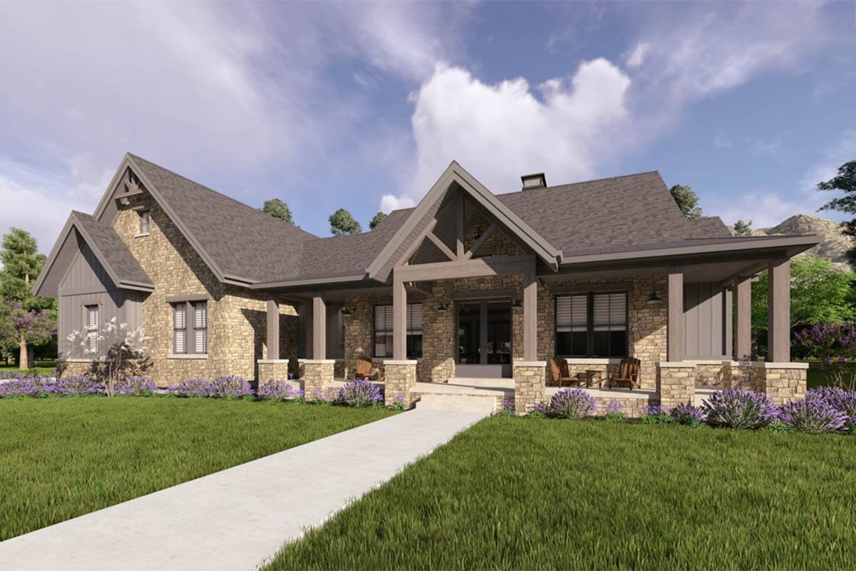House plan exterior with stone veneer, Craftsman style, and gabled roof. Features include a covered porch with pillars and exposed wood beams.