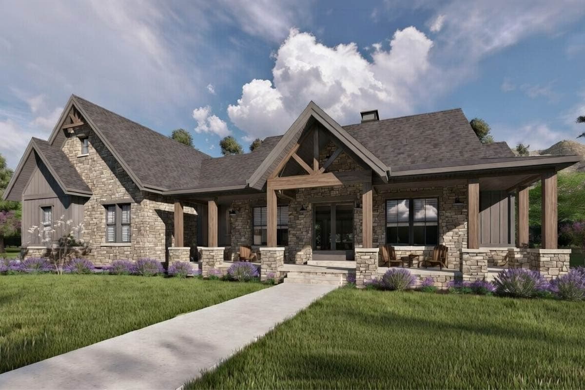 House plan exterior featuring stone siding, a prominent gable with exposed beams, and a covered porch supported by stone columns.