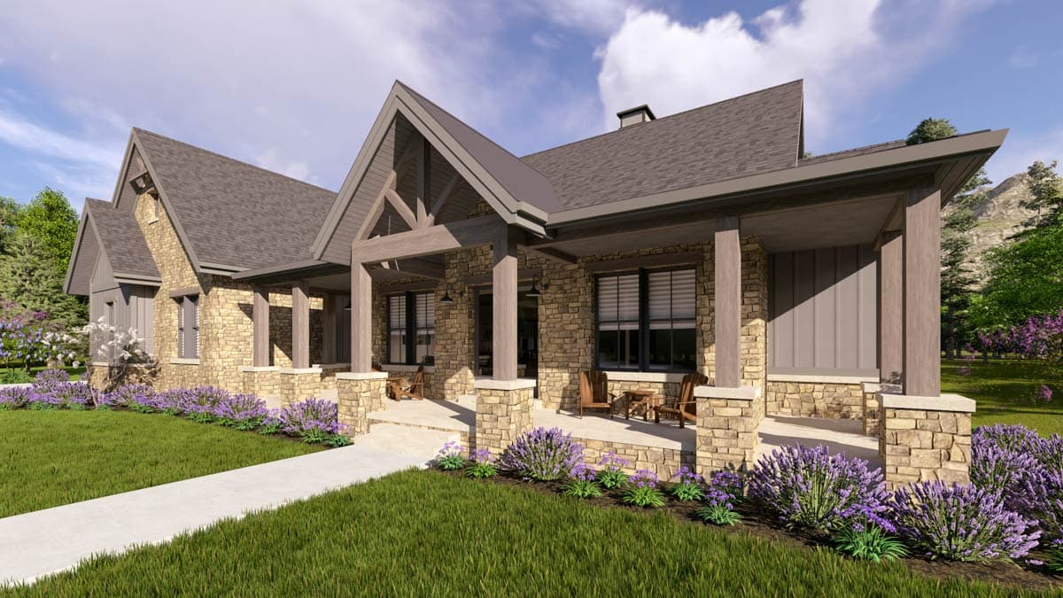 House plan exterior: stone and timber accents, prominent gables, covered porch with stone columns, and steeply pitched roof.