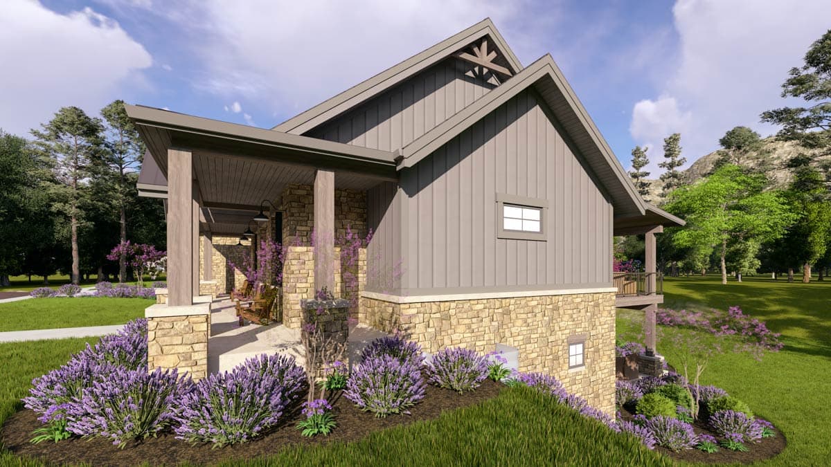 House plan exterior: Gable roof, stone base, covered porch with timber posts, siding exterior, and decorative gable brackets.