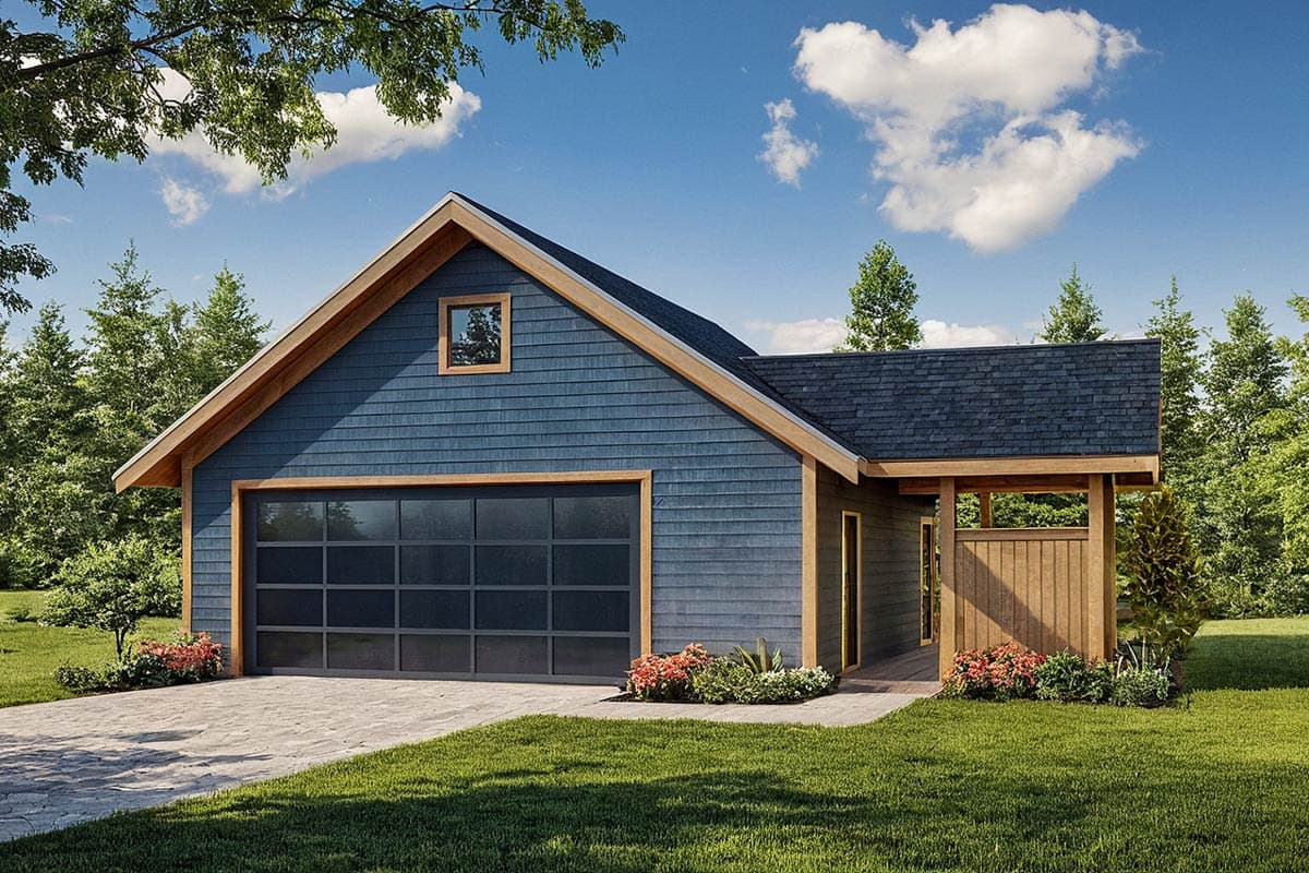 House plan exterior: Blue shingle siding, gable roof, large glass garage door, and covered entryway.