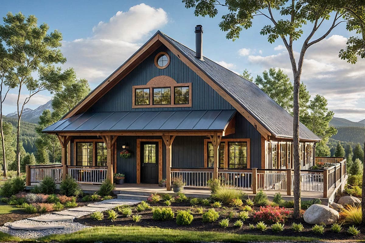 House plan exterior. One-story Craftsman with front porch, gables, and metal roof. Features include a round window and exposed rafter tails.