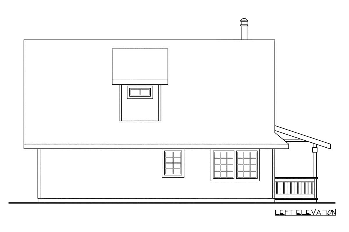 Left elevation house plan drawing showing a dormer, chimney, and covered porch with railing.