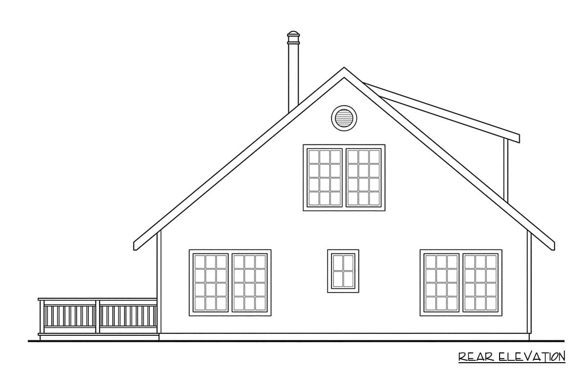 Rear elevation drawing of a house plan featuring a prominent gable, a chimney, a deck, and multiple windows.