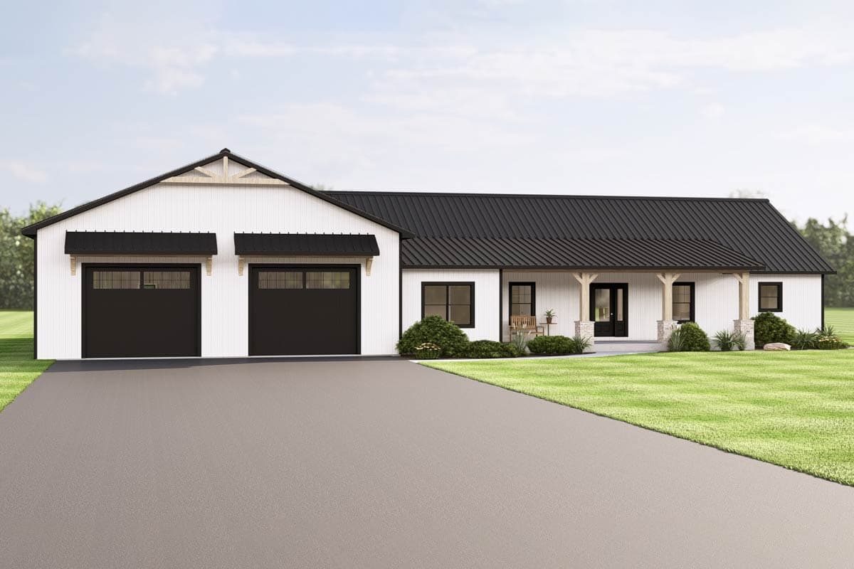 Modern farmhouse style home with white siding, black roof, and a two-car garage. Features a porch, and a large front lawn.
