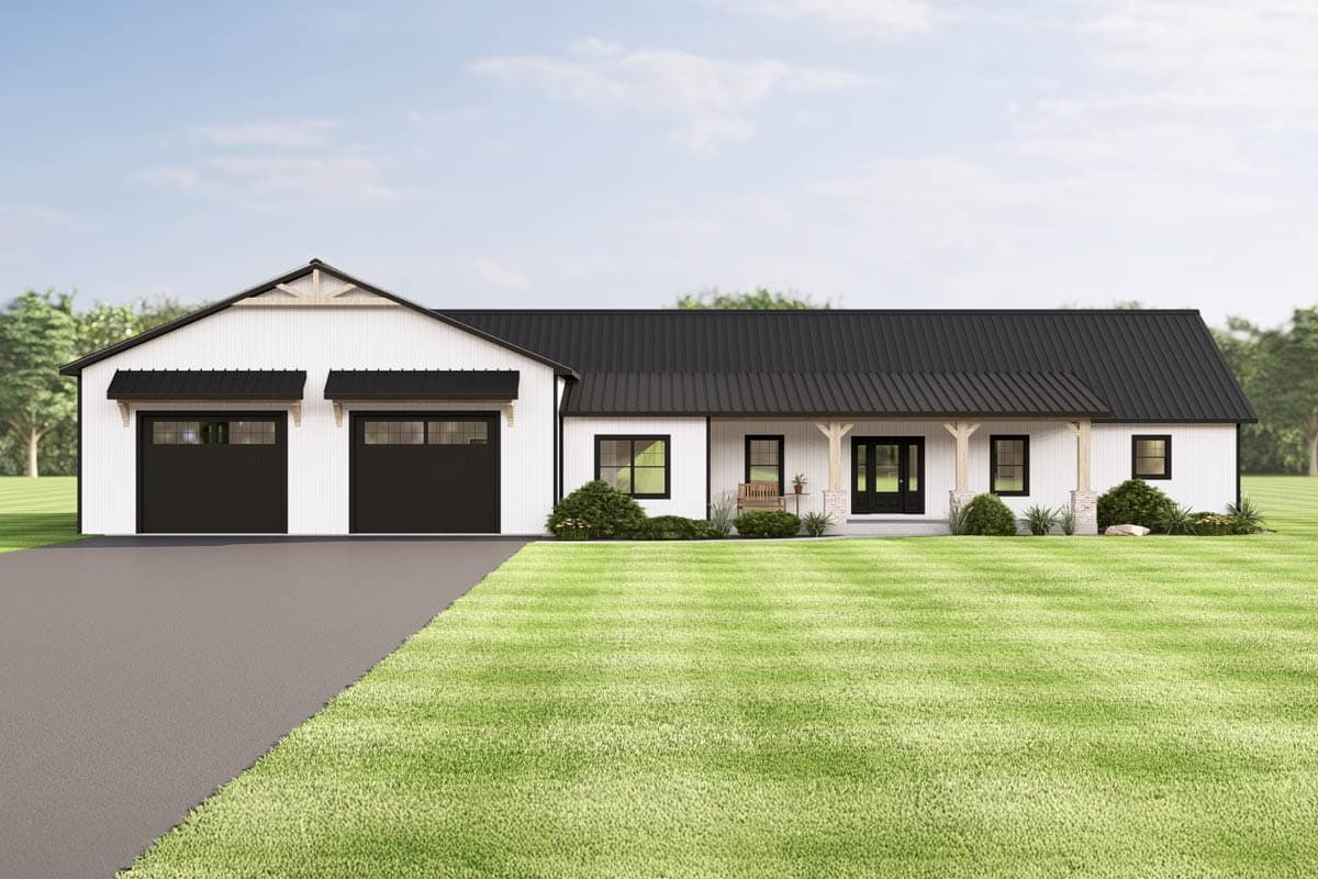 Exterior rendering of a modern farmhouse style home with a black metal roof, white siding, and attached garage.