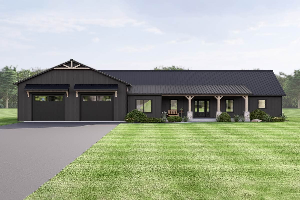 Modern farmhouse with black exterior, two-car garage, and covered porch. Features green lawn and driveway.