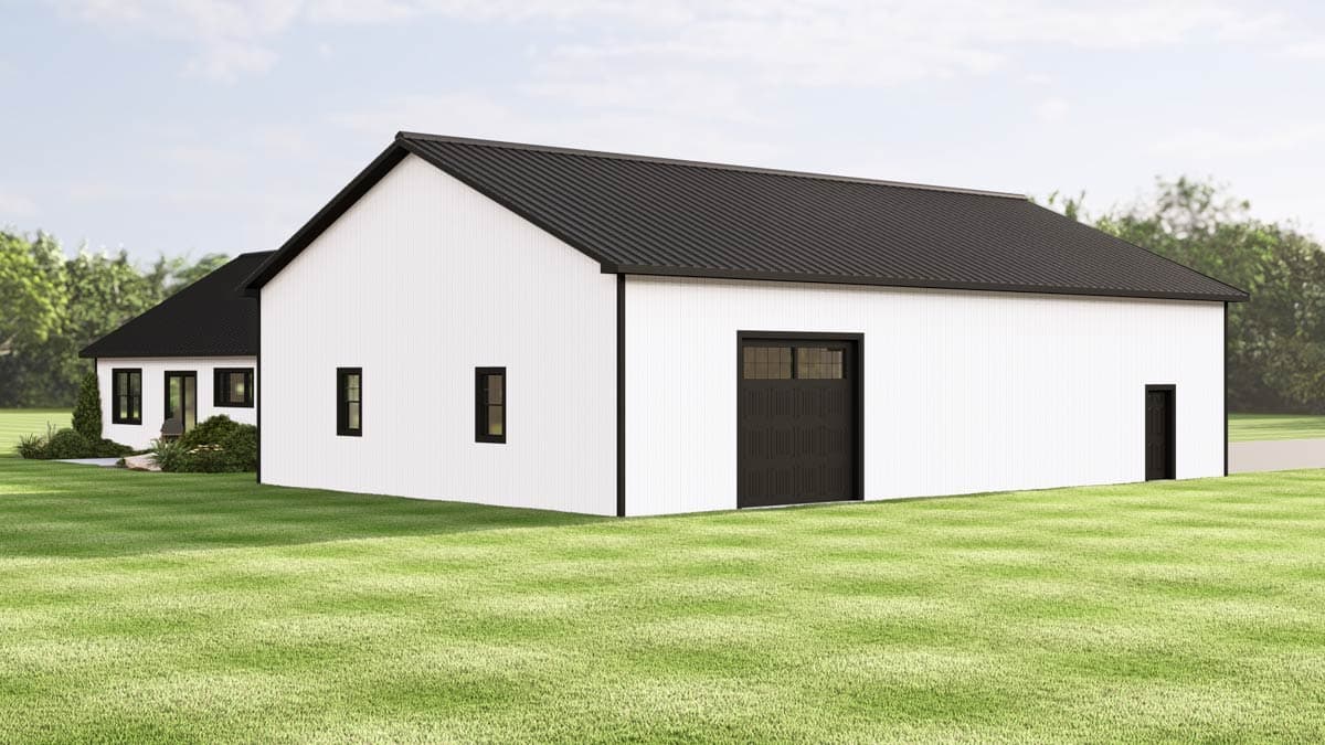 Modern farmhouse with white siding, black roof and trim, and a black garage door. Exterior view on a green lawn.