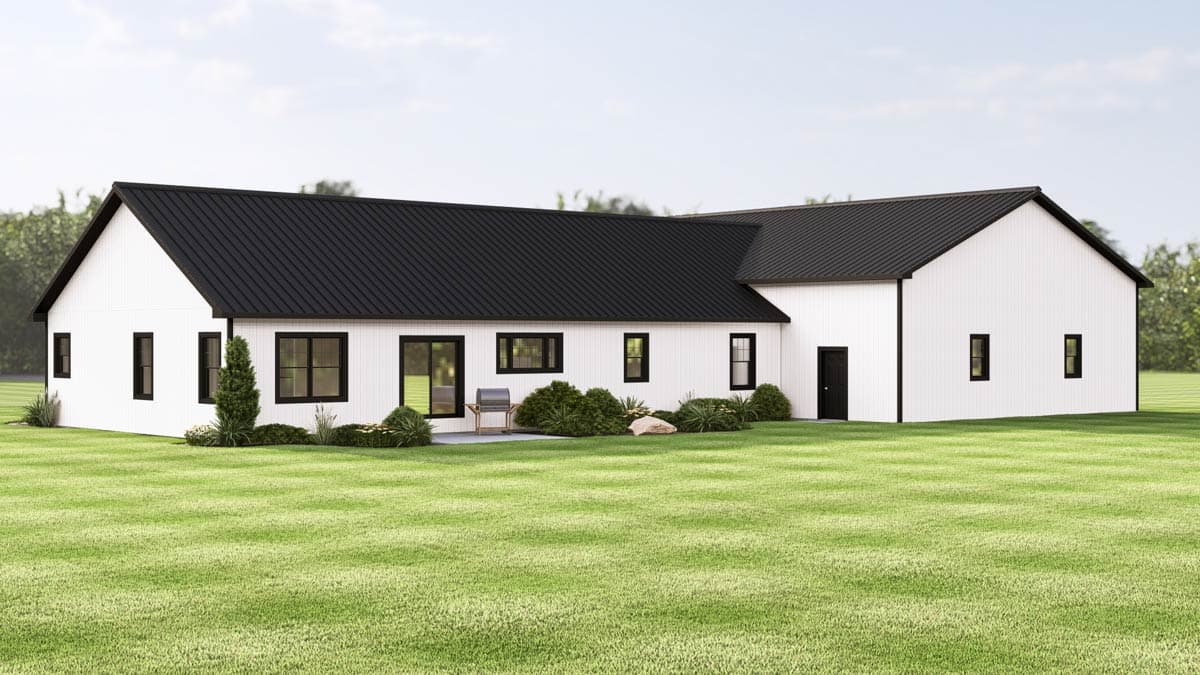 Exterior view of a modern farmhouse with black metal roof and white siding.  Features include patio, lawn, and landscaping.