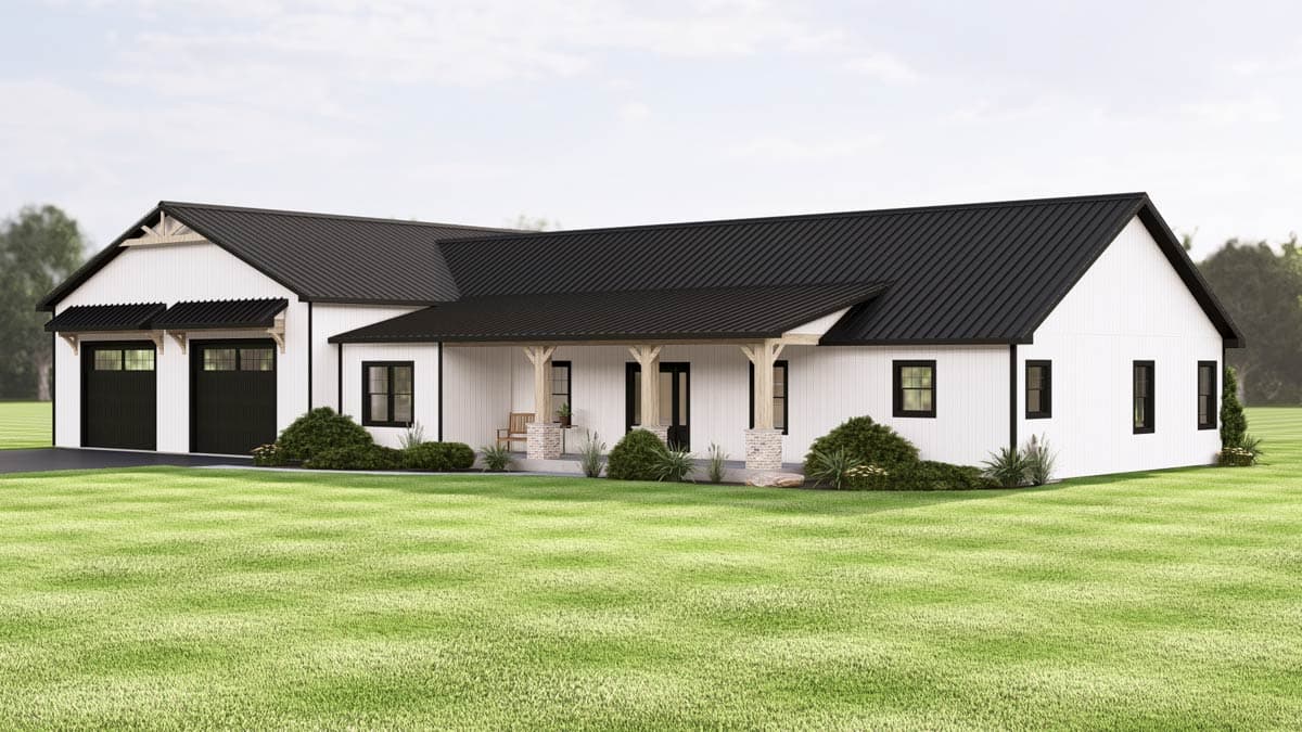 Modern farmhouse with a black metal roof, white siding, and black trim. Features a two-car garage, porch, and a well-manicured lawn.