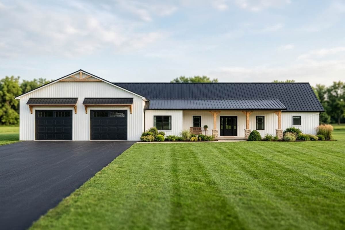 Modern farmhouse with black exterior, two-car garage, and covered porch. Features green lawn and driveway.