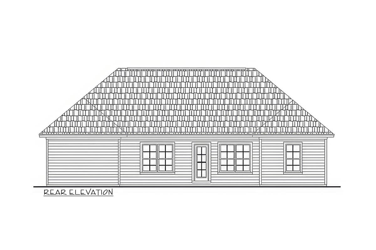 Rear elevation drawing of a house plan featuring horizontal siding, a prominent hip roof, a central door, and three windows.