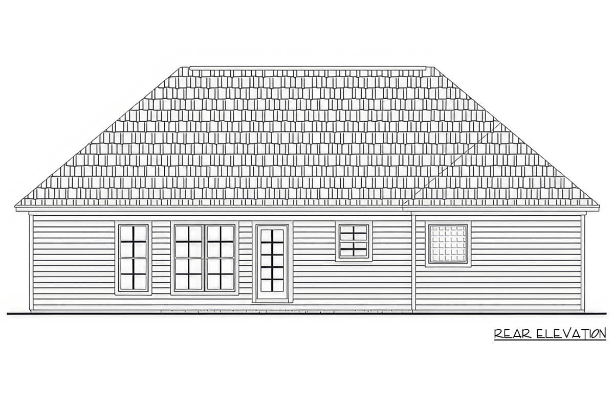 Rear elevation drawing of a single-story house plan with hip roof, horizontal siding, a door, and multiple windows.