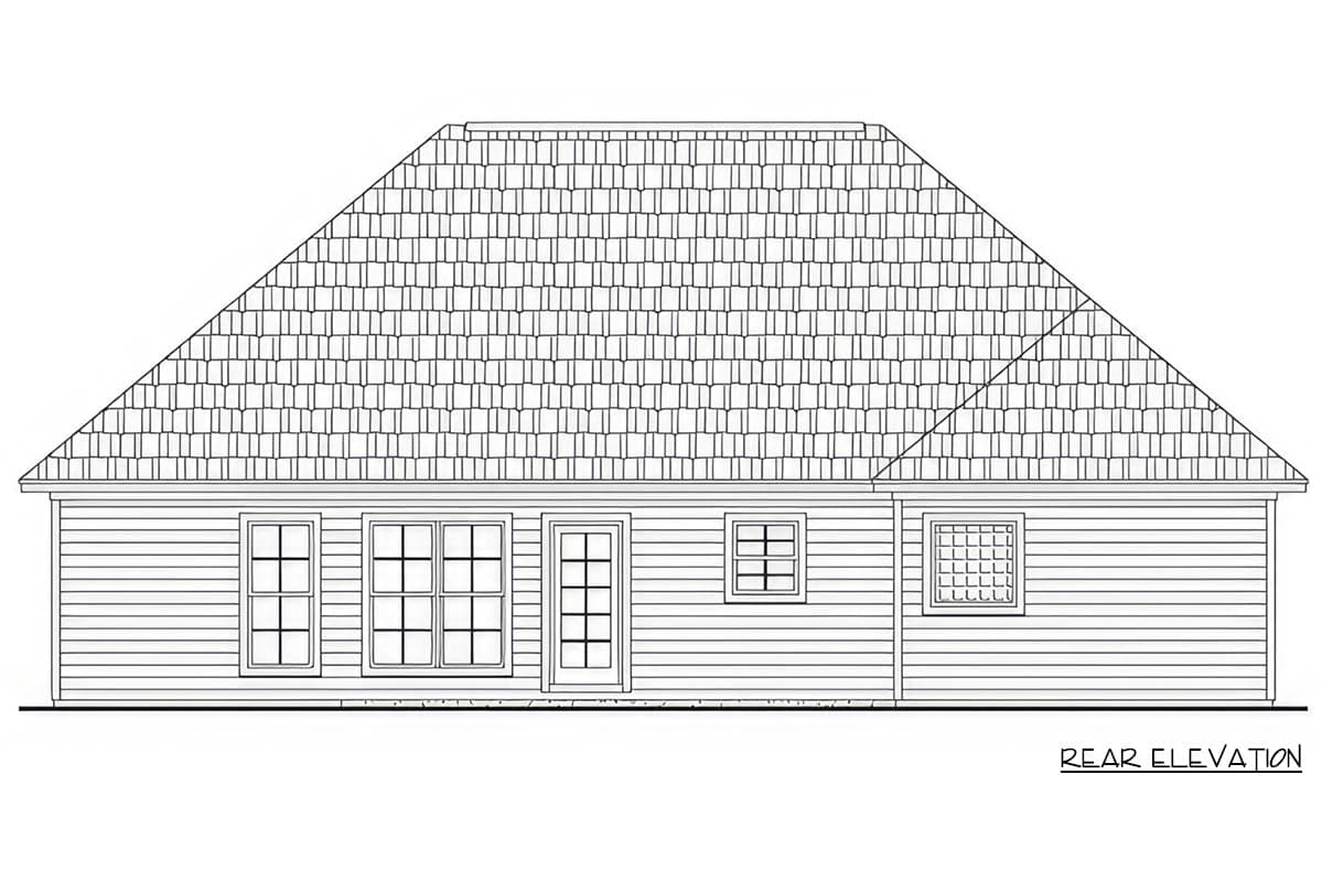 Rear elevation drawing of a single-story house plan with a hipped roof, horizontal siding, and multiple windows.