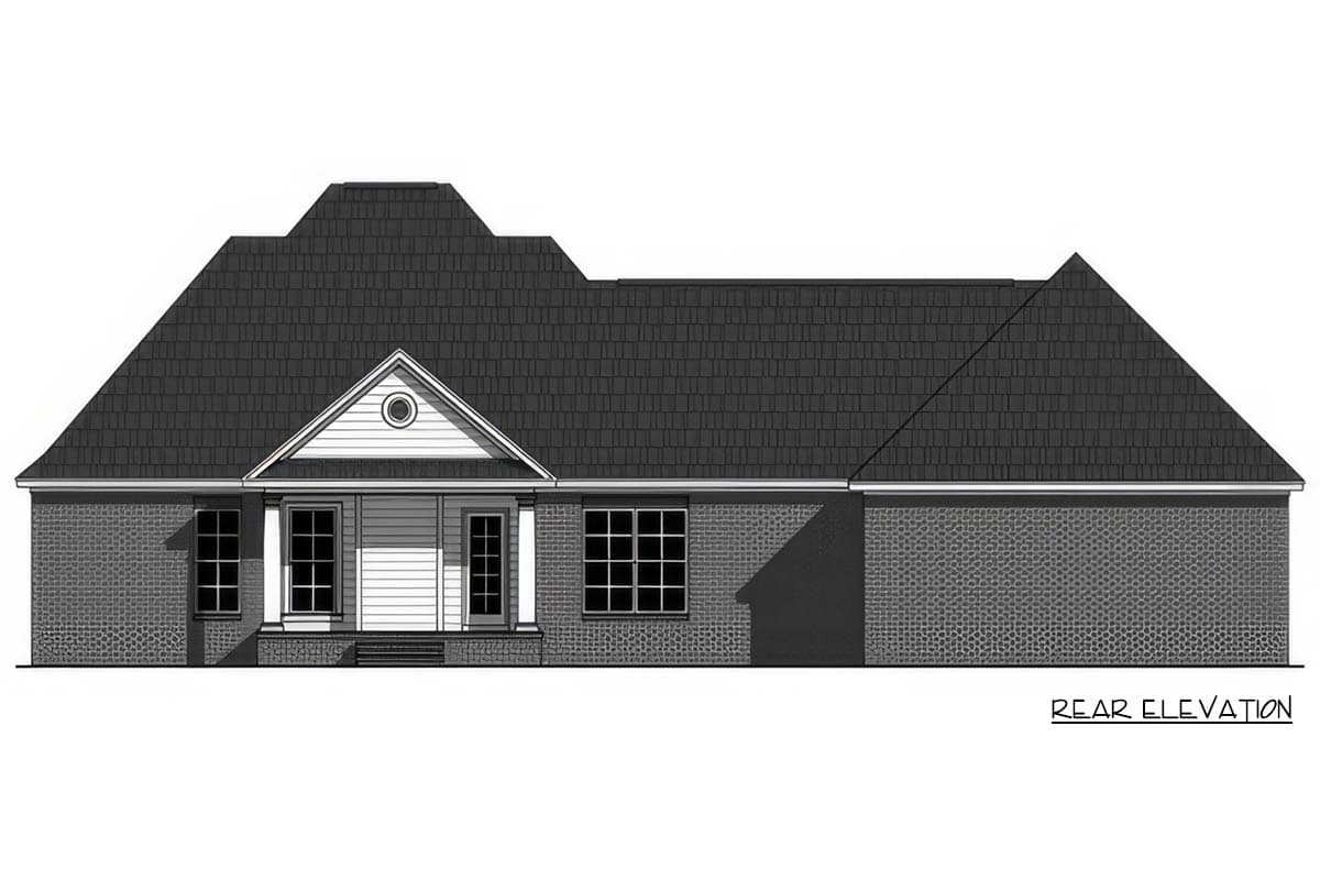 Rear elevation of a one-story house plan featuring a gabled entryway with columns, multiple gables, and brick exterior.