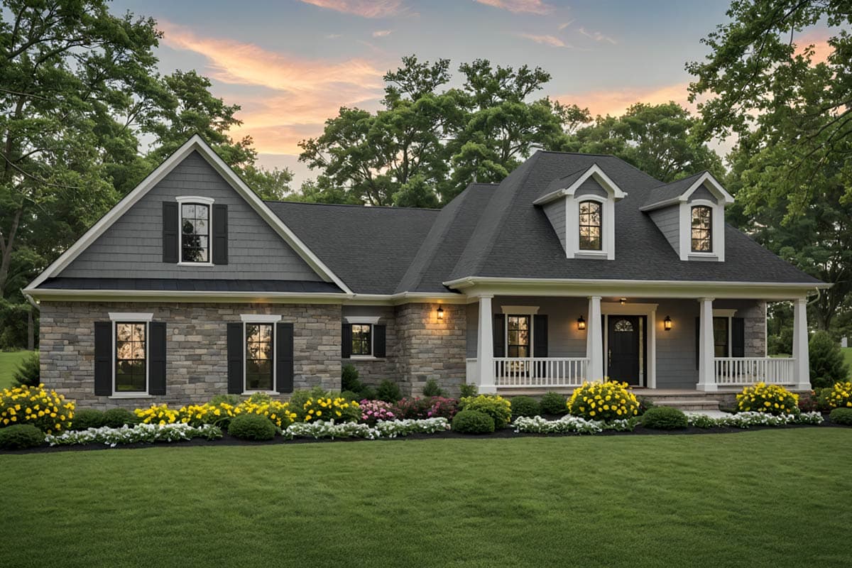 House plan exterior. Ranch style home with stone and shingle siding, a front porch with white columns, and dormers on the roofline.