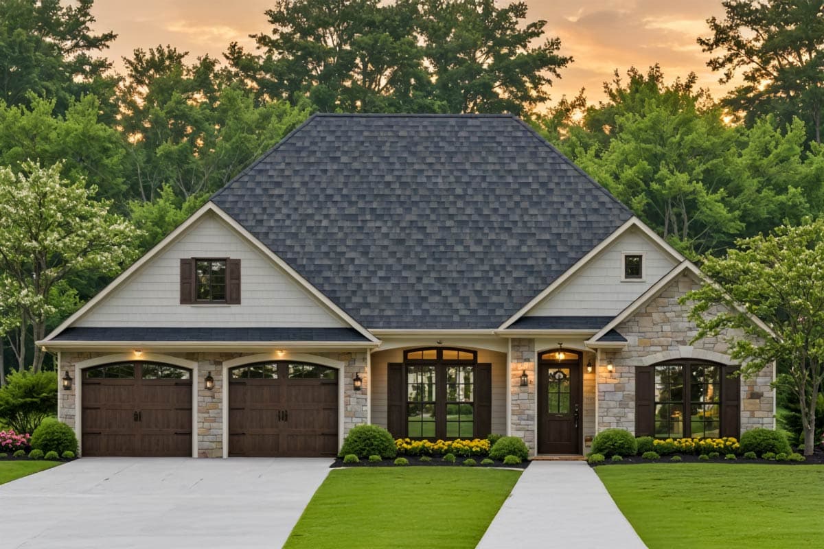 House plan exterior with stone veneer, gabled roof, and two-car garage. Features include arched windows, a front entry door, and decorative shutters.