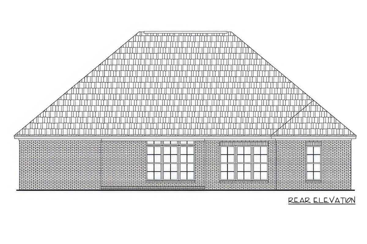 Rear elevation drawing of a one-story house plan with a brick facade and multi-pane windows.