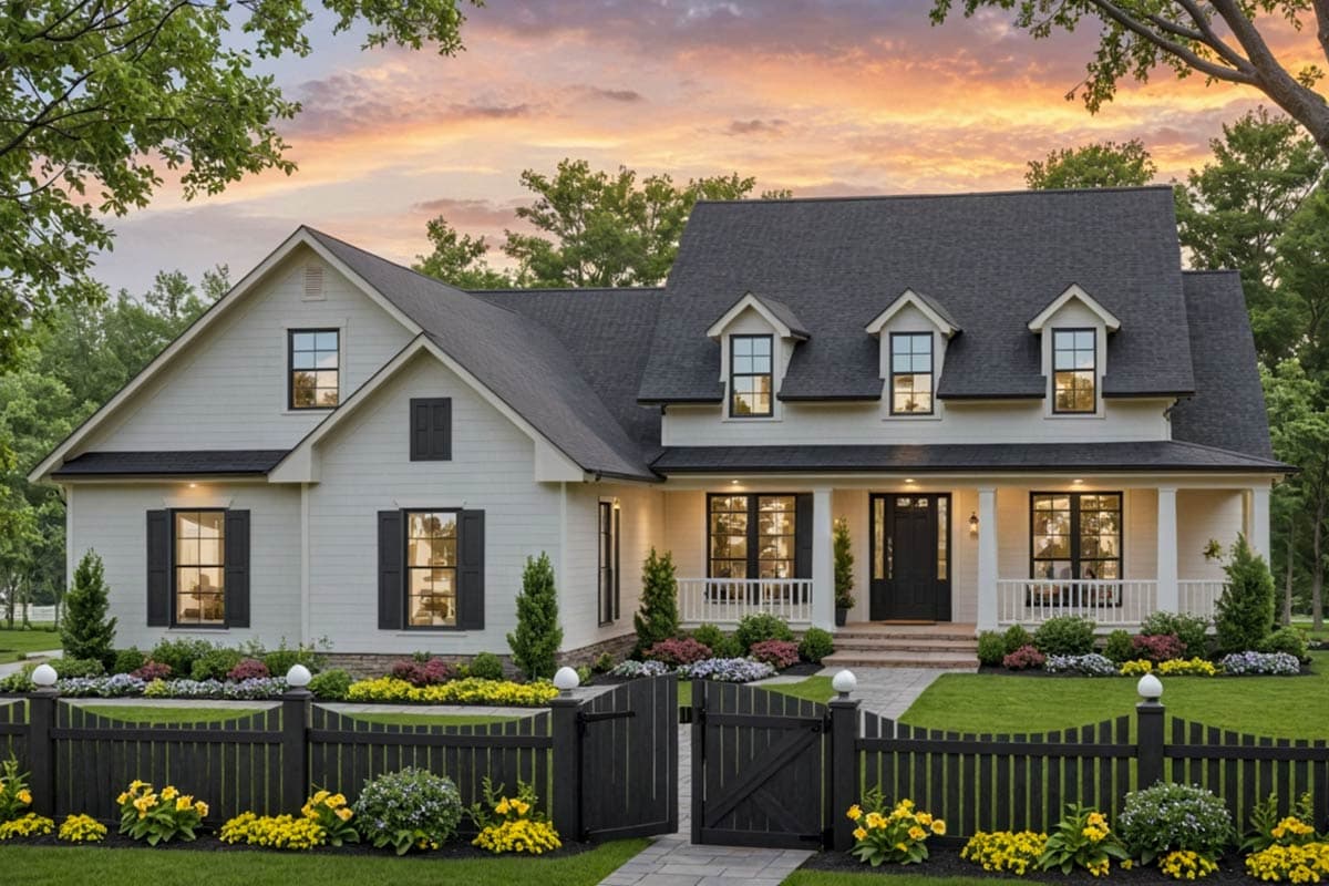 House plan exterior. Two-story farmhouse with front porch, dormers, and gabled roofline. Features include black shutters and trim.