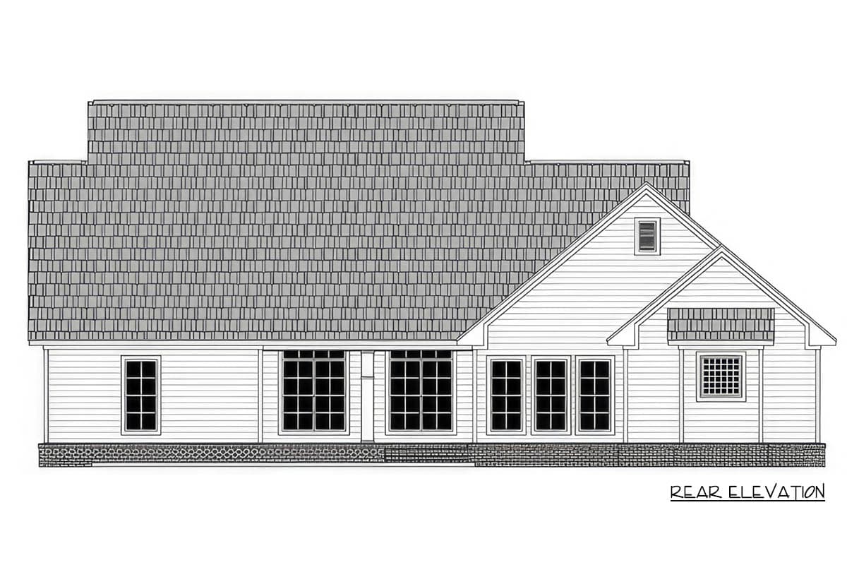 Rear elevation house plan with multi-level rooflines, horizontal siding, and varied window styles.