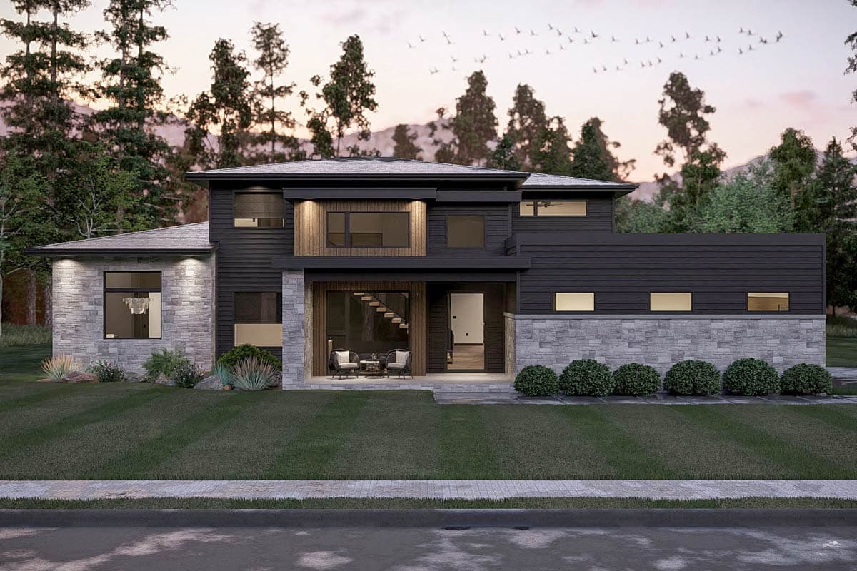 House plan exterior: Modern two-story home with a flat roof, horizontal siding, stone veneer accents, and an open entry porch.