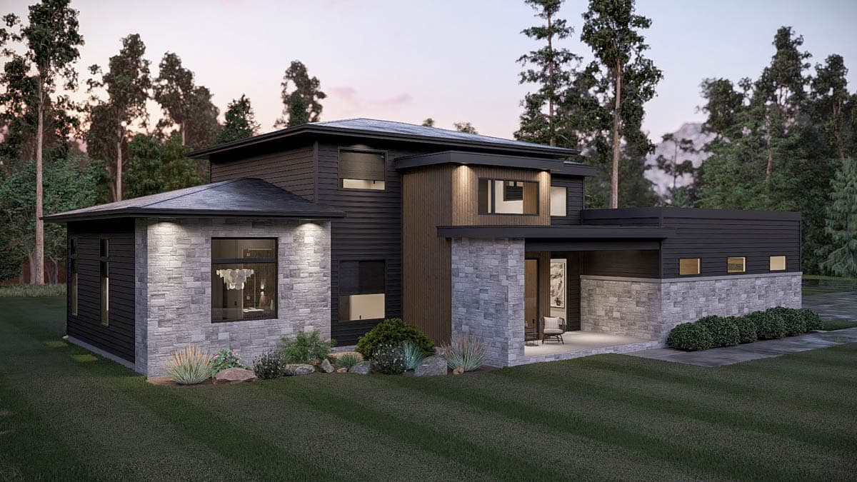 Modern two-story house plan exterior with stone and dark siding, flat rooflines, and multiple gables.