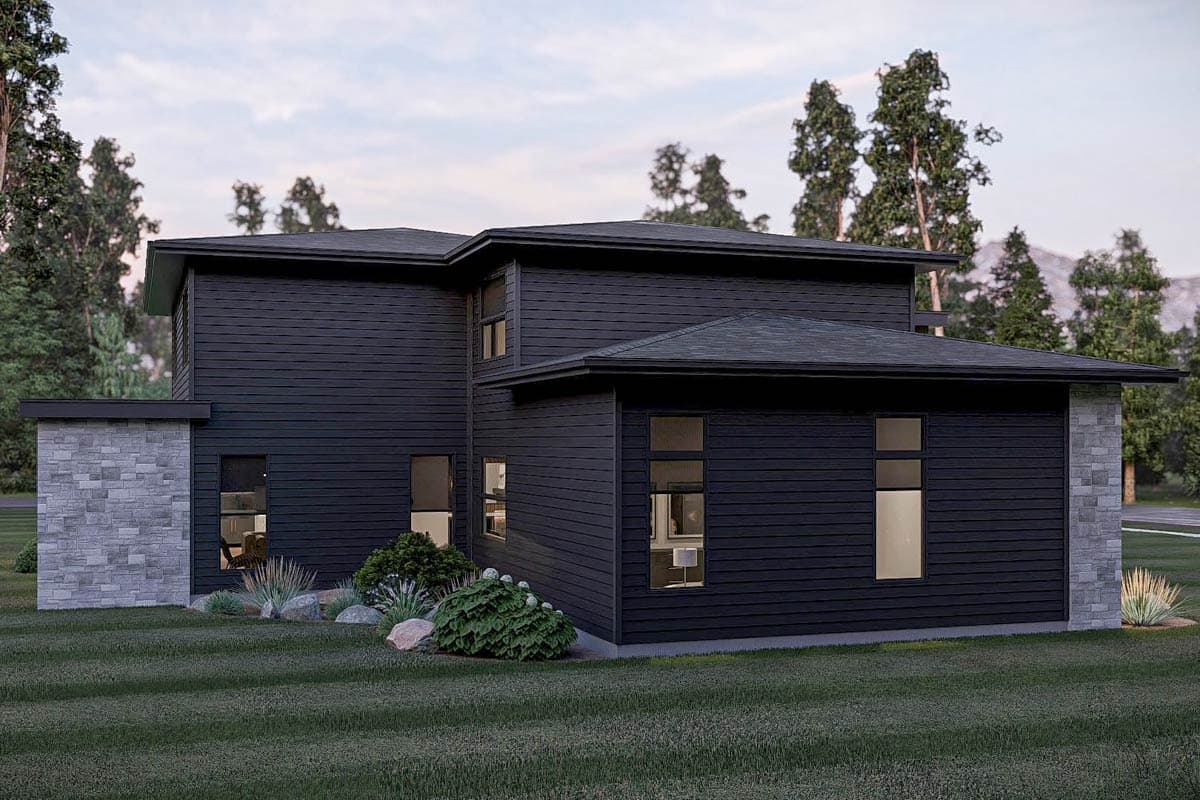 House plan exterior: Modern style, two stories, dark horizontal siding, stone accents, and flat rooflines.