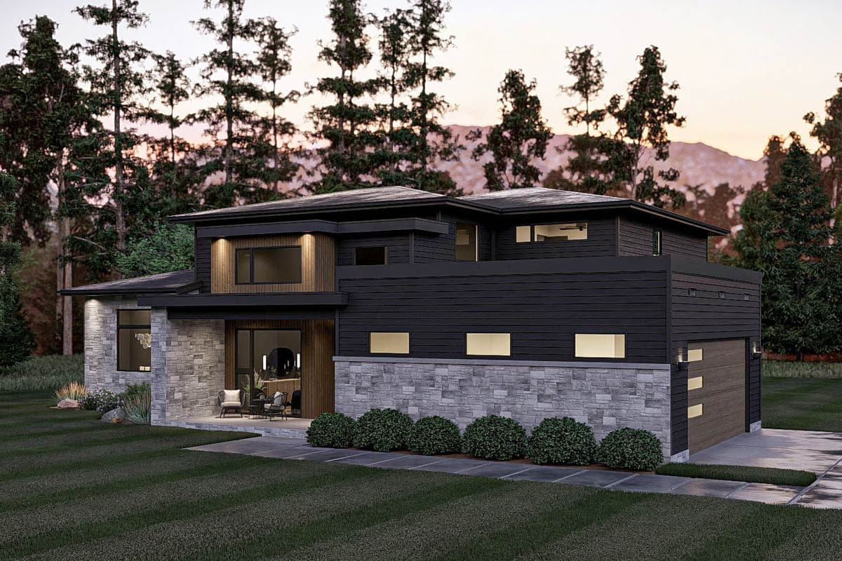 Modern house plan exterior with stone base, horizontal siding, multiple rooflines, covered patio, and attached garage.