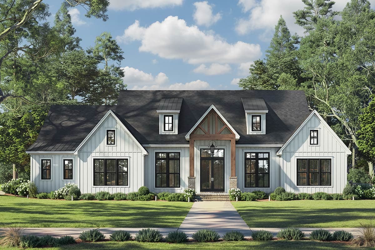 A white farmhouse with a black roof, symmetrical design, and black-framed windows, set against a backdrop of trees and a bright blue sky.