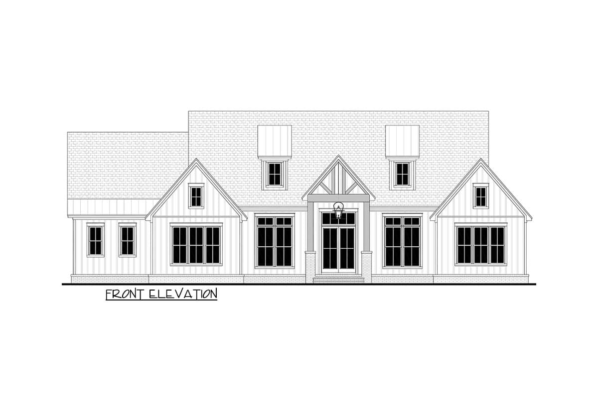 Line drawing of a house front elevation. The two-story home features dormers, large windows, and a prominent front entrance with a decorative gable.