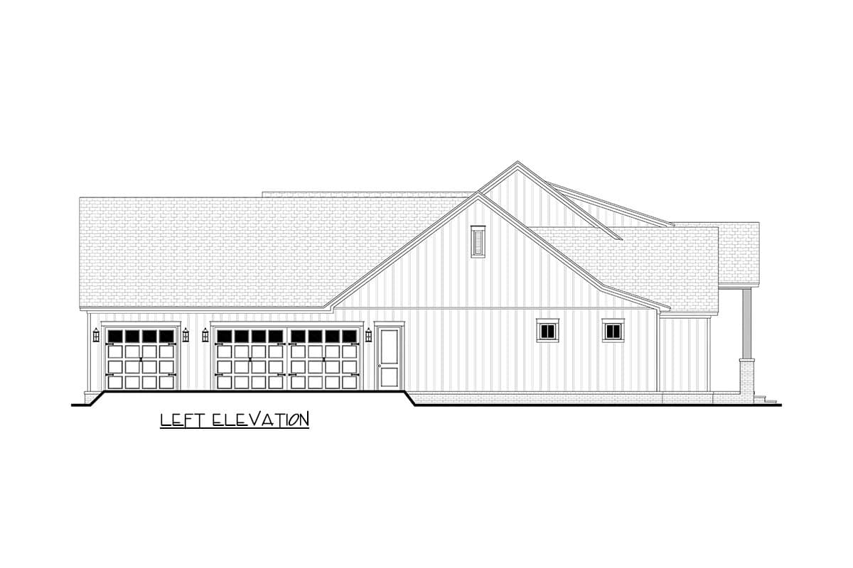 Architectural line drawing showing the left elevation of a house with a multi-car garage, gable roof, and small porch, labeled 'LEFT ELEVATION'.