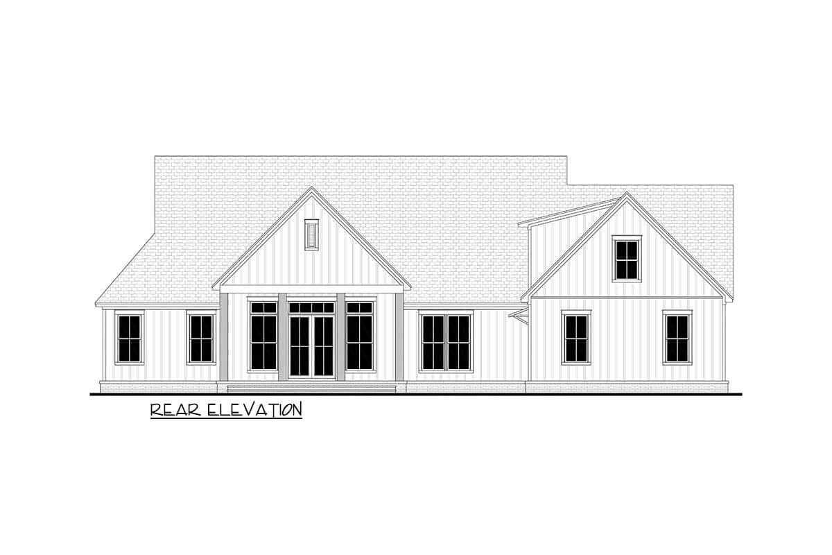 Rear elevation blueprint of a house, featuring symmetrical design with a central covered porch and multiple windows, all in black and white.
